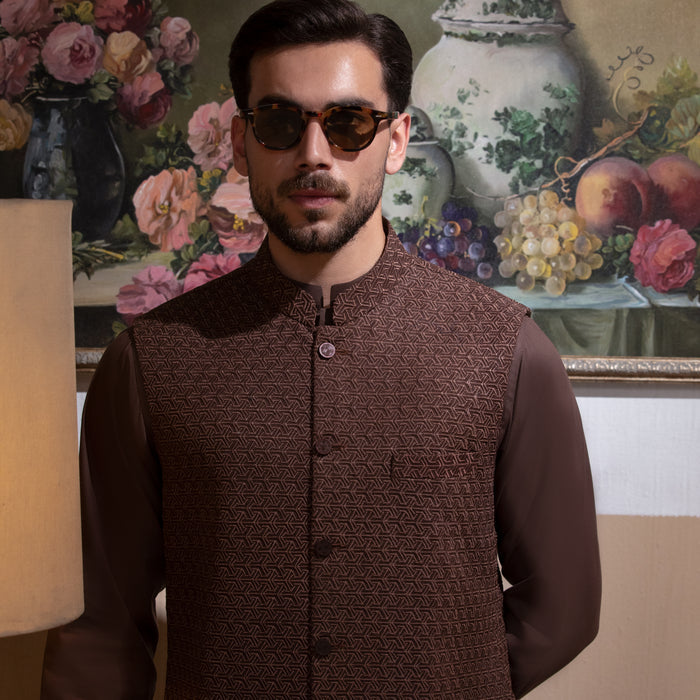 Arsalan Iqbal Chocolate Brown Kurta Pyjama with Embroidered Waistcoat for Men