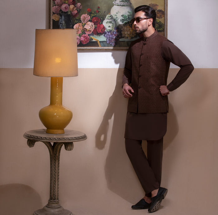 Arsalan Iqbal Chocolate Brown Kurta Pyjama with Embroidered Waistcoat for Men