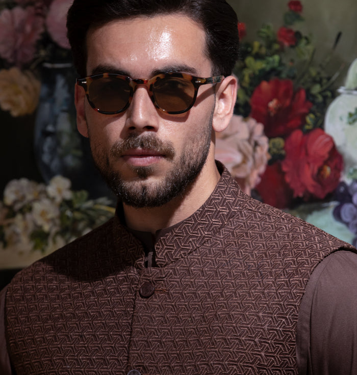 Arsalan Iqbal Chocolate Brown Kurta Pyjama with Embroidered Waistcoat for Men