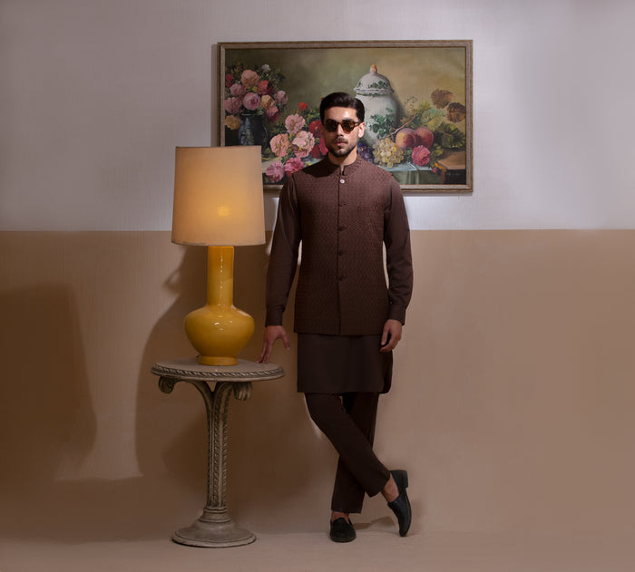 Arsalan Iqbal Chocolate Brown Kurta Pyjama with Embroidered Waistcoat for Men