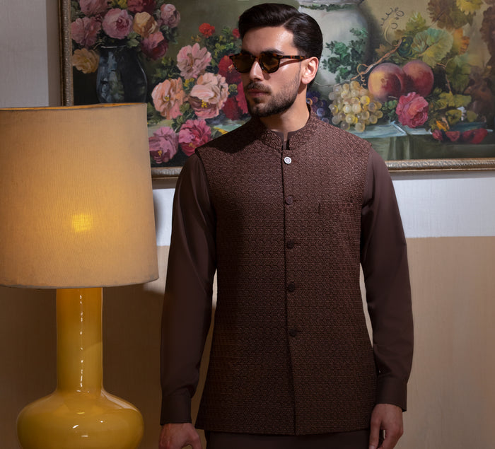 Arsalan Iqbal Chocolate Brown Kurta Pyjama with Embroidered Waistcoat for Men