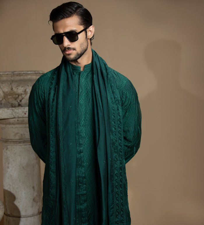 Sooch'2026 - Dark Green Chikankari Kurta Pyjama Set with Patka