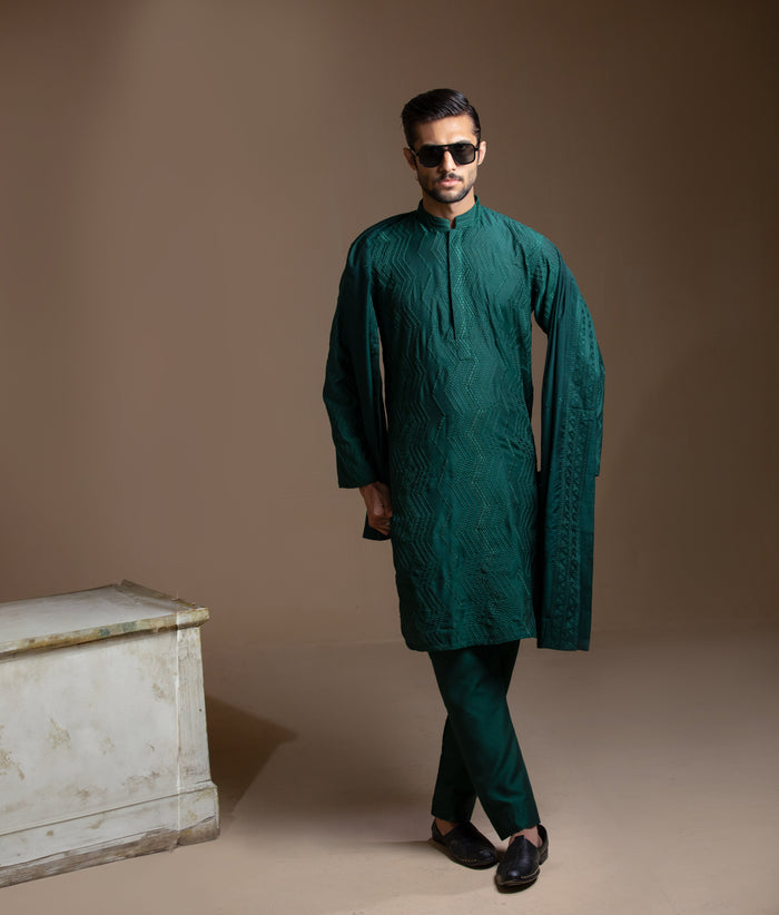 Sooch'2026 - Dark Green Chikankari Kurta Pyjama Set with Patka