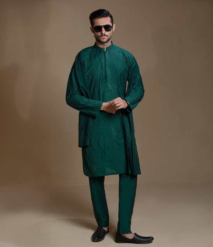 Sooch'2026 - Dark Green Chikankari Kurta Pyjama Set with Patka
