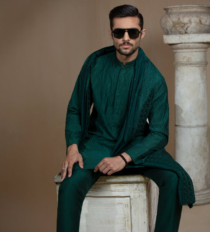 Sooch'2026 - Dark Green Chikankari Kurta Pyjama Set with Patka
