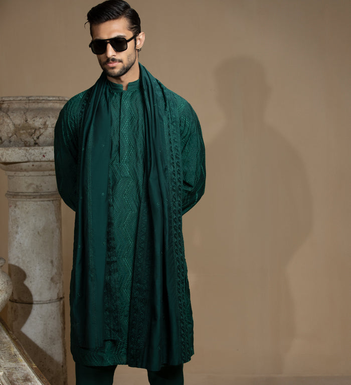 Sooch'2026 - Dark Green Chikankari Kurta Pyjama Set with Patka