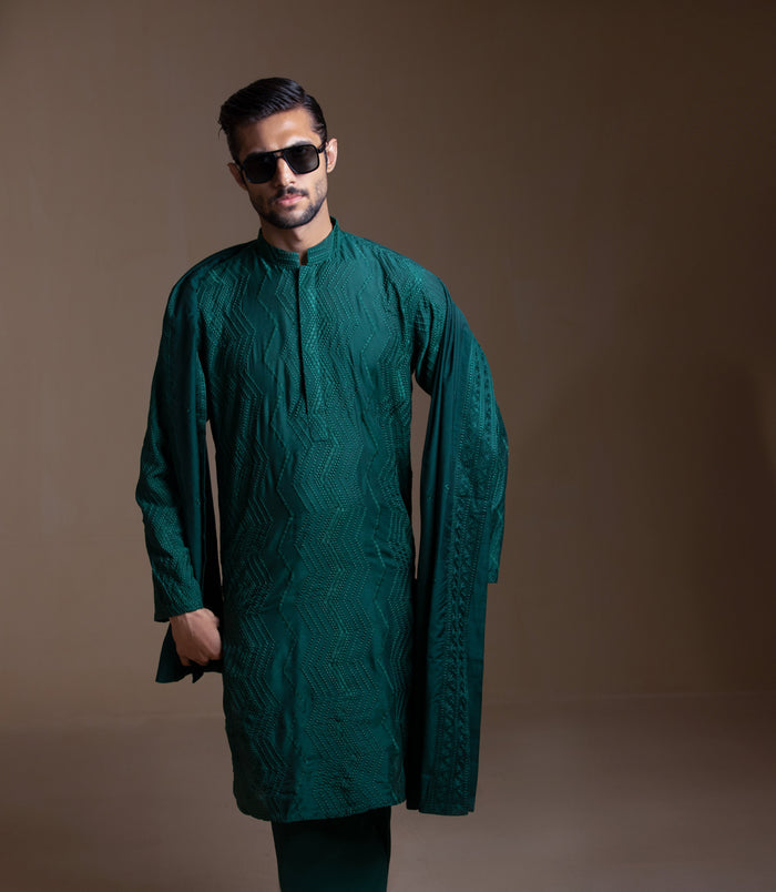 Sooch'2026 - Dark Green Chikankari Kurta Pyjama Set with Patka