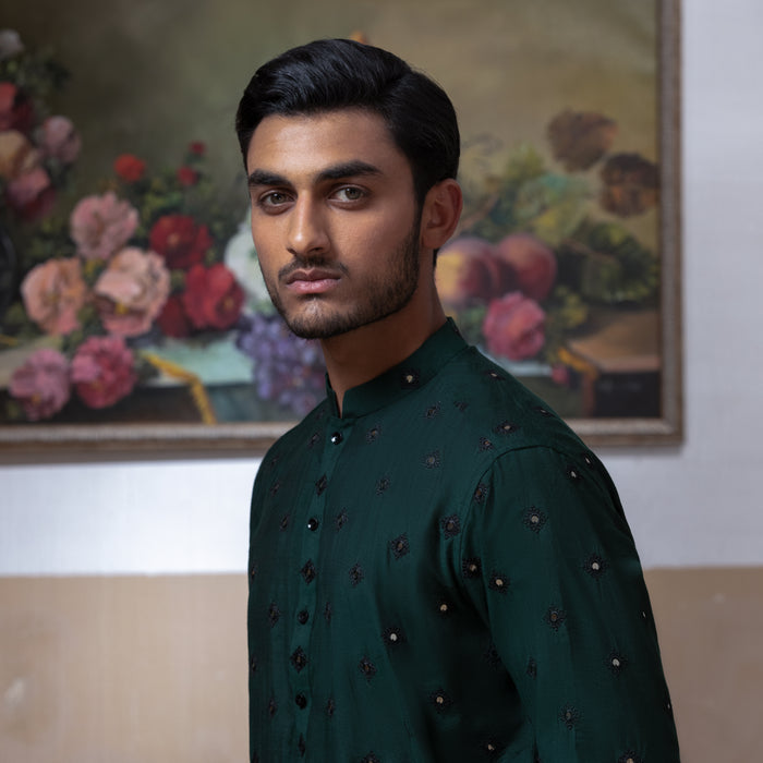 Arsalan Iqbal Emerald Green Embroidered Kurta Pyjama for Men