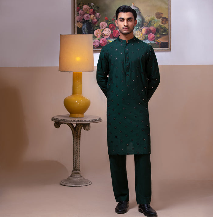 Arsalan Iqbal Emerald Green Embroidered Kurta Pyjama for Men