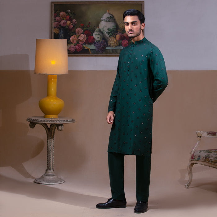 Arsalan Iqbal Emerald Green Embroidered Kurta Pyjama for Men