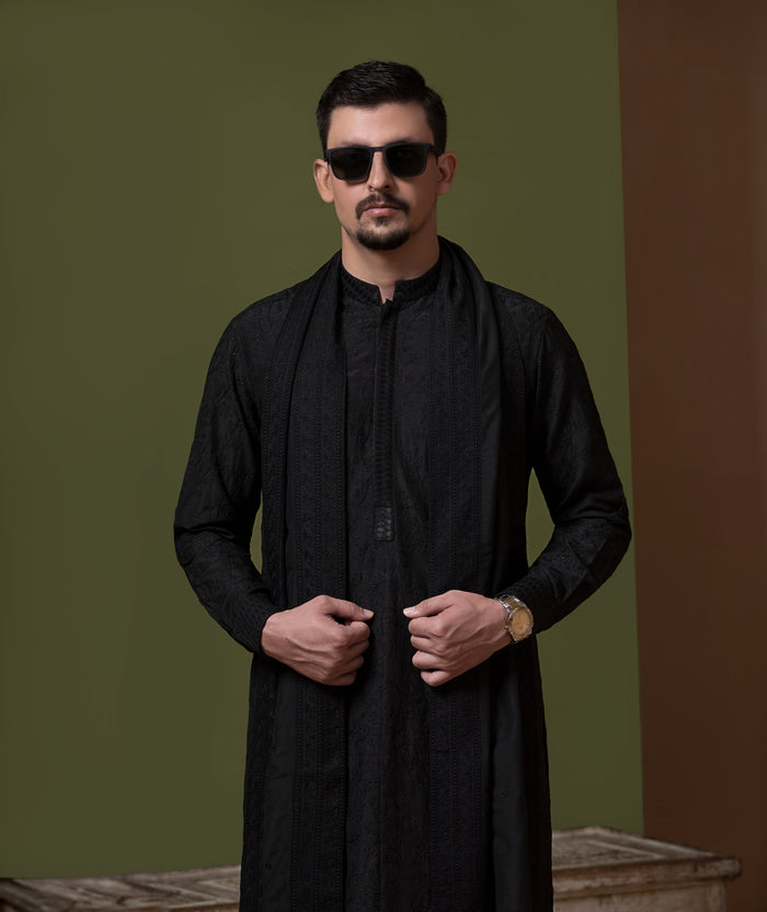 Sooch'2026 - Jet Black Chikankari Kurta Pyjama Set with Patka