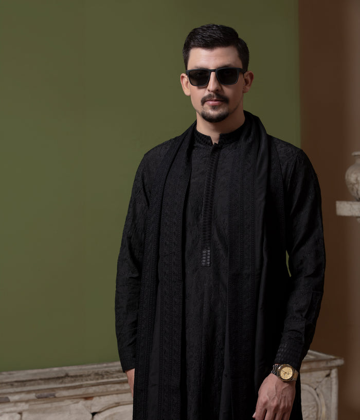 Sooch'2026 - Jet Black Chikankari Kurta Pyjama Set with Patka