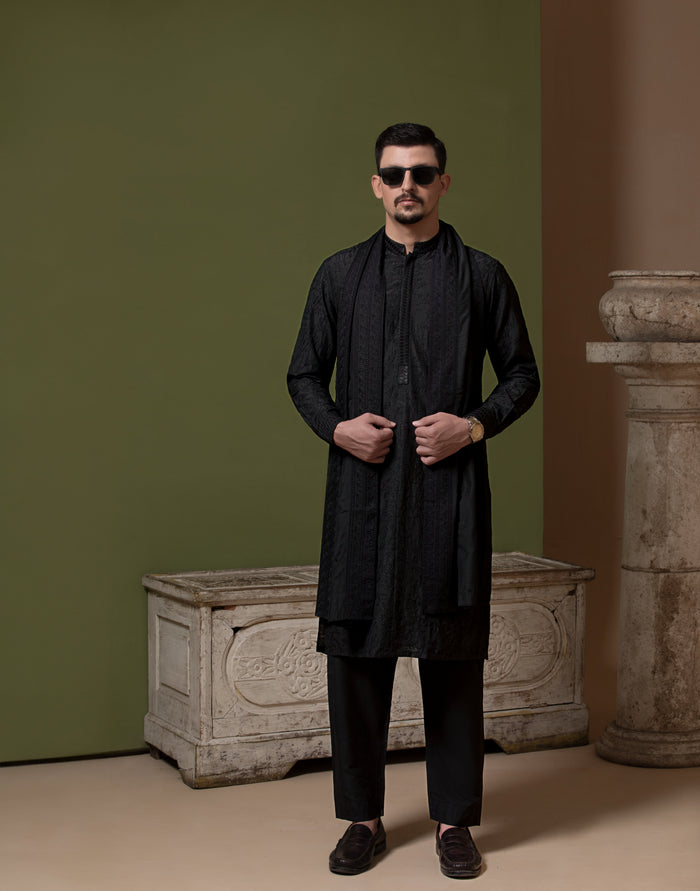 Sooch'2026 - Jet Black Chikankari Kurta Pyjama Set with Patka