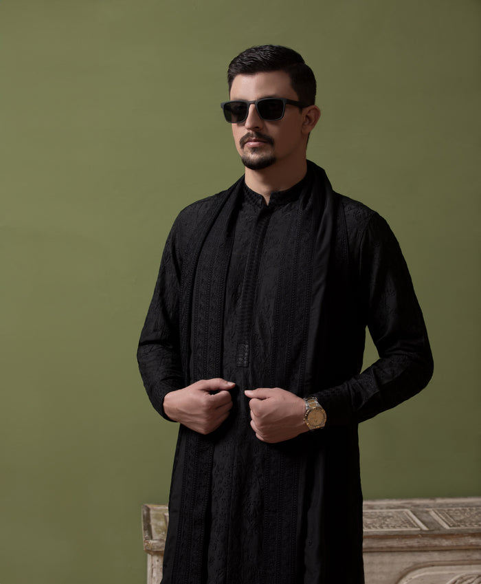 Sooch'2026 - Jet Black Chikankari Kurta Pyjama Set with Patka