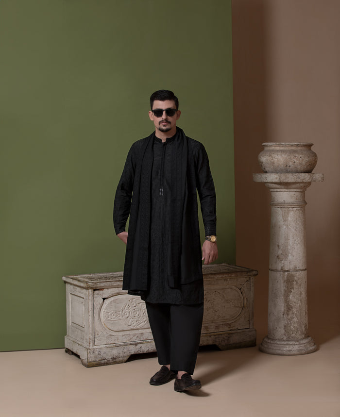 Sooch'2026 - Jet Black Chikankari Kurta Pyjama Set with Patka
