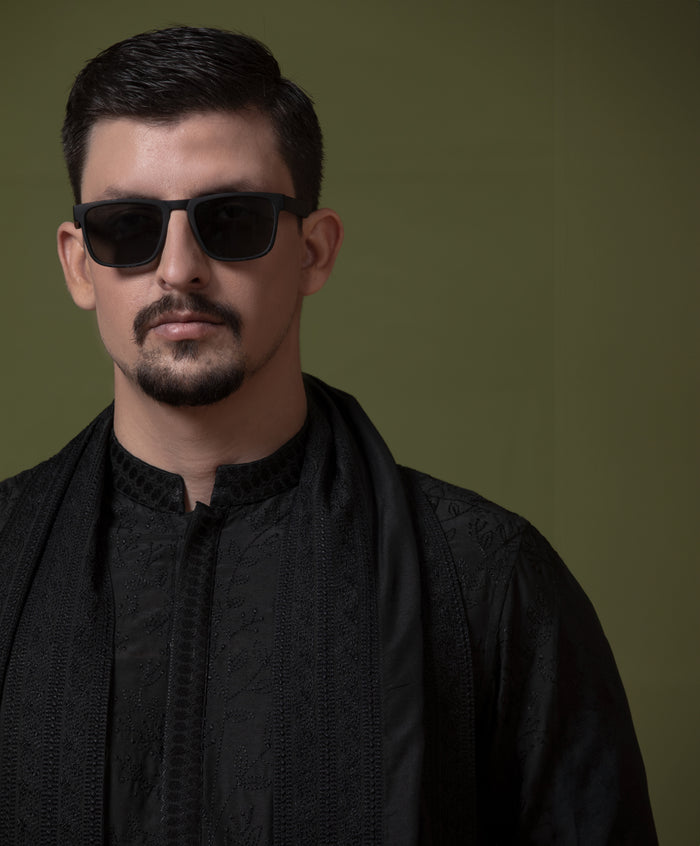 Sooch'2026 - Jet Black Chikankari Kurta Pyjama Set with Patka