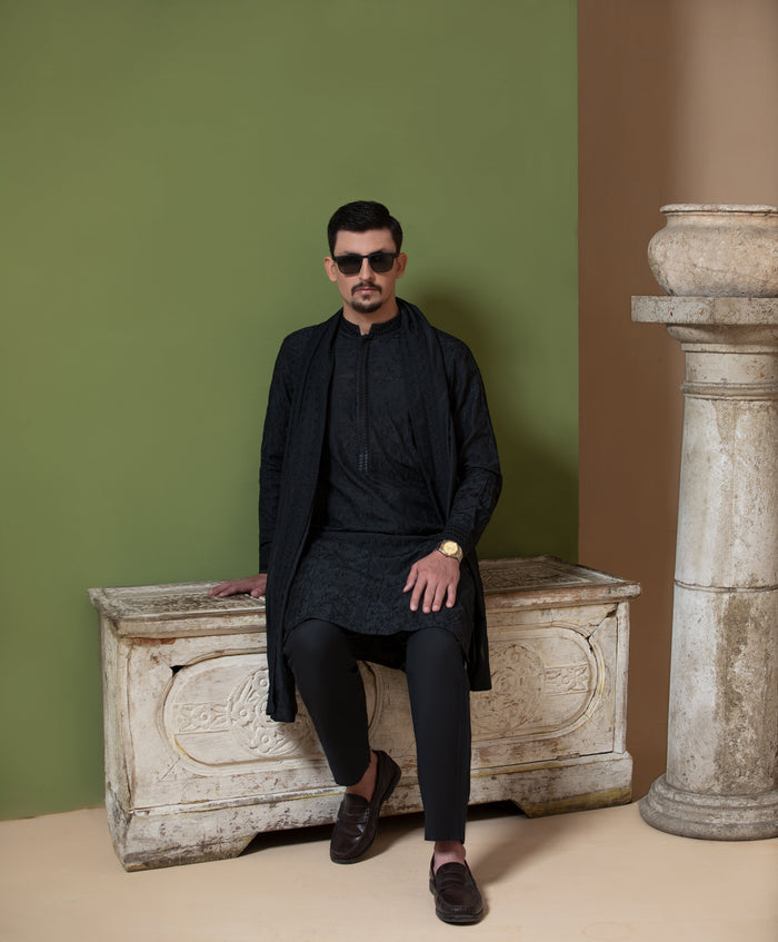 Sooch'2026 - Jet Black Chikankari Kurta Pyjama Set with Patka