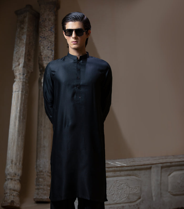 Sooch'2026 - Jet Black IronEZ Textured Kurta & Pyjama Set