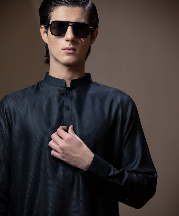 Sooch'2026 - Jet Black IronEZ Textured Kurta & Pyjama Set