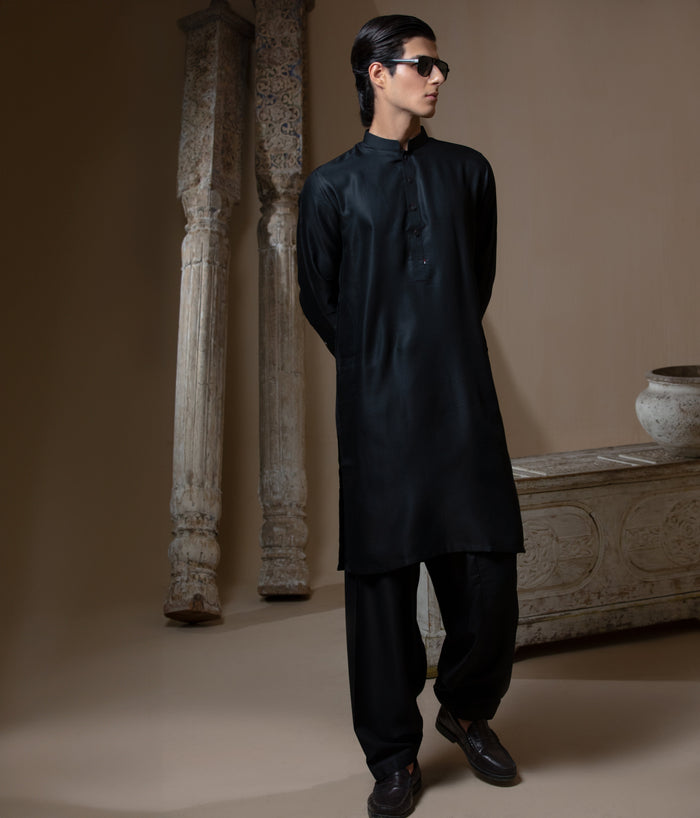 Sooch'2026 - Jet Black IronEZ Textured Kurta & Pyjama Set