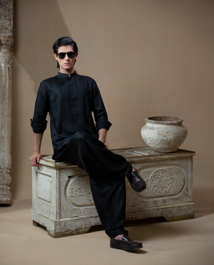 Sooch'2026 - Jet Black IronEZ Textured Kurta & Pyjama Set