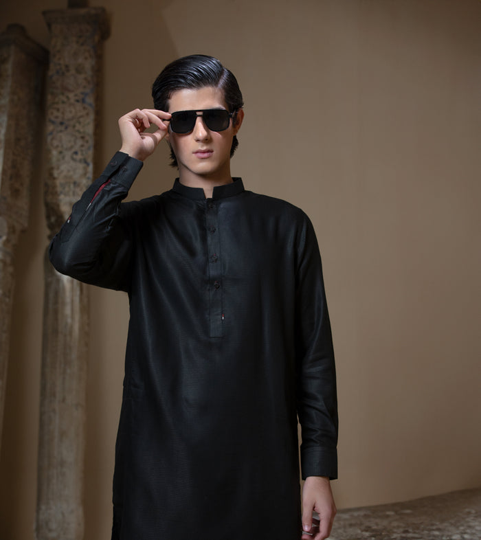 Sooch'2026 - Jet Black IronEZ Textured Kurta & Pyjama Set
