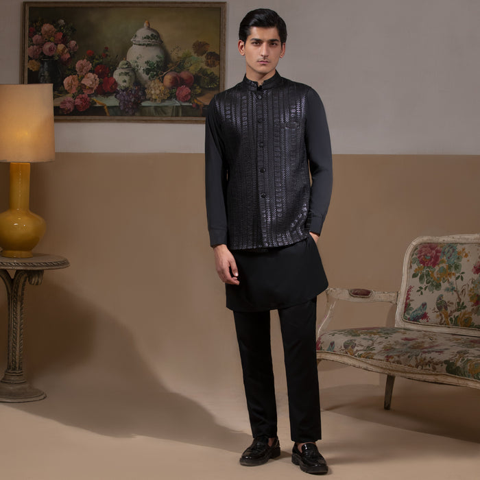 Sooch'2026 - Jet Black Mirror Sequin Waistcoat with Kurta & Pyjama Set