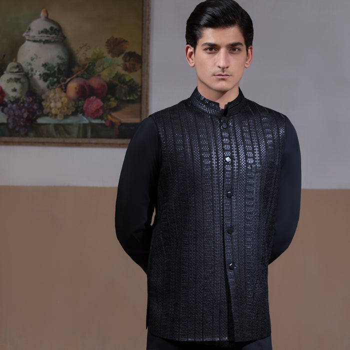 Sooch'2026 - Jet Black Mirror Sequin Waistcoat with Kurta & Pyjama Set
