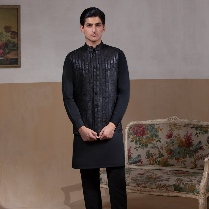 Sooch'2026 - Jet Black Mirror Sequin Waistcoat with Kurta & Pyjama Set