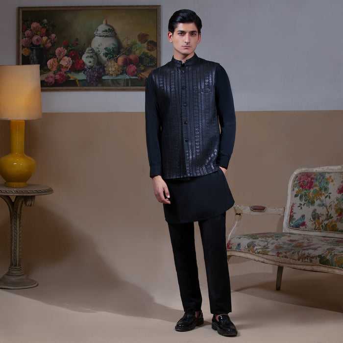 Sooch'2026 - Jet Black Mirror Sequin Waistcoat with Kurta & Pyjama Set