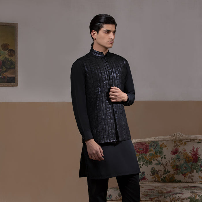 Sooch'2026 - Jet Black Mirror Sequin Waistcoat with Kurta & Pyjama Set