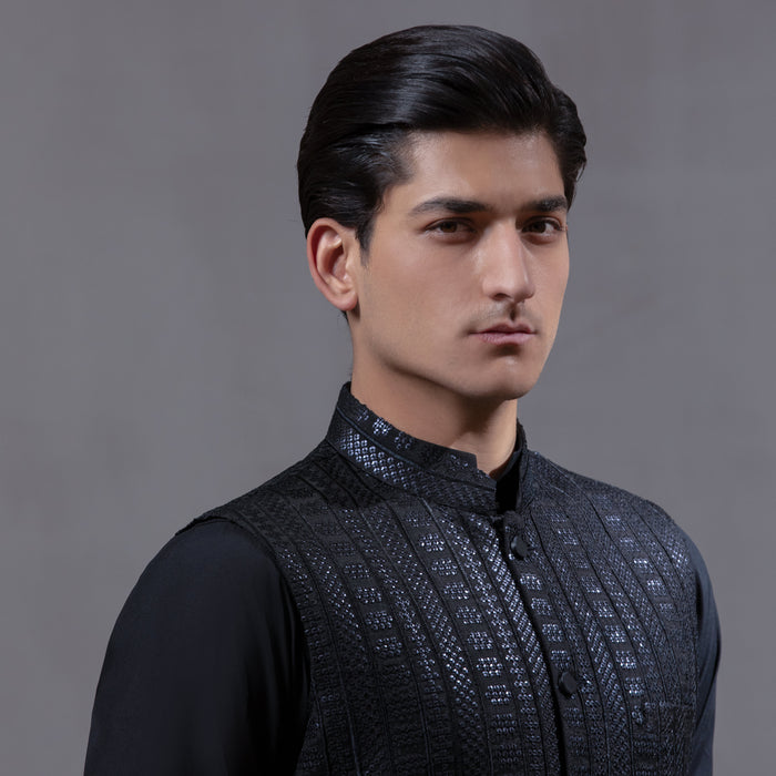 Sooch'2026 - Jet Black Mirror Sequin Waistcoat with Kurta & Pyjama Set