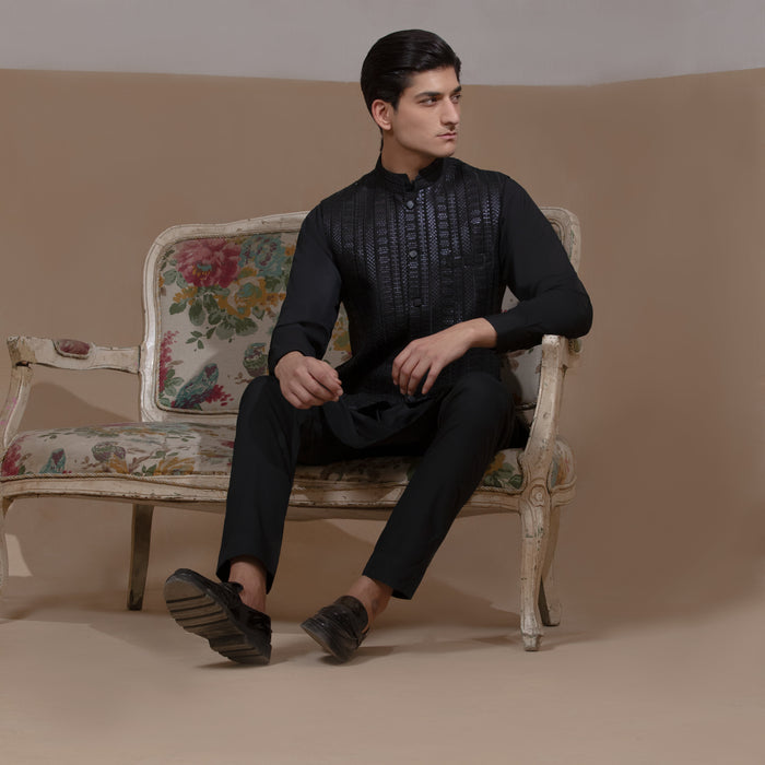 Sooch'2026 - Jet Black Mirror Sequin Waistcoat with Kurta & Pyjama Set