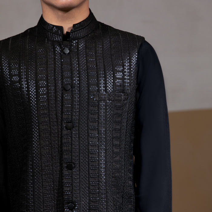 Sooch'2026 - Jet Black Mirror Sequin Waistcoat with Kurta & Pyjama Set
