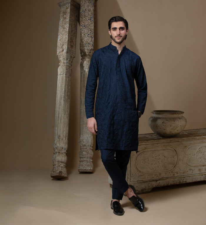 Sooch'2026 - Midnight Blue Chikankari Cotton Silk Kurta & Pyjama