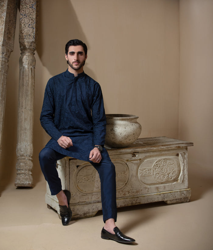 Sooch'2026 - Midnight Blue Chikankari Cotton Silk Kurta & Pyjama