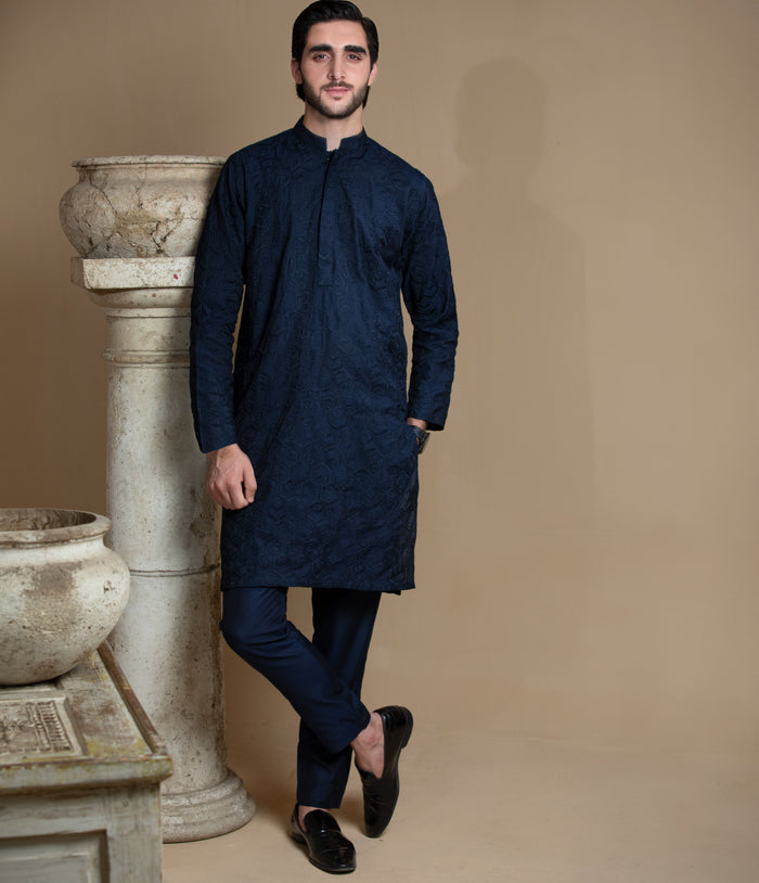 Sooch'2026 - Midnight Blue Chikankari Cotton Silk Kurta & Pyjama