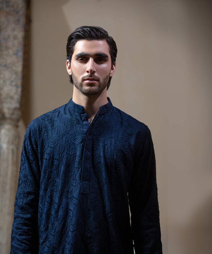 Sooch'2026 - Midnight Blue Chikankari Cotton Silk Kurta & Pyjama