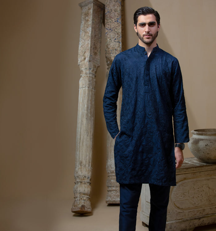 Sooch'2026 - Midnight Blue Chikankari Cotton Silk Kurta & Pyjama