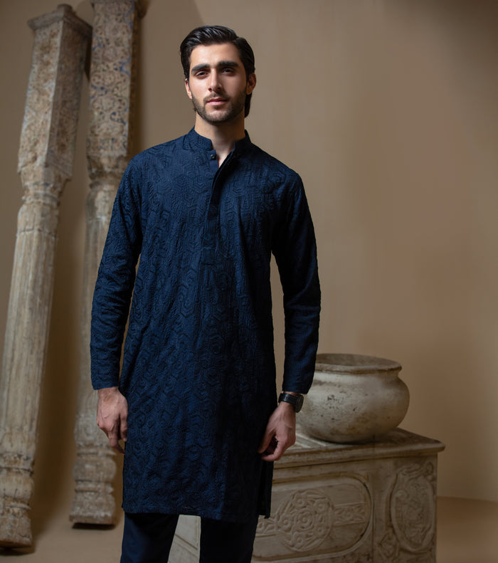 Sooch'2026 - Midnight Blue Chikankari Cotton Silk Kurta & Pyjama
