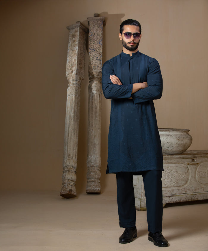 Arsalan Iqbal Teal Blue Textured Kurta Pyjama for Men