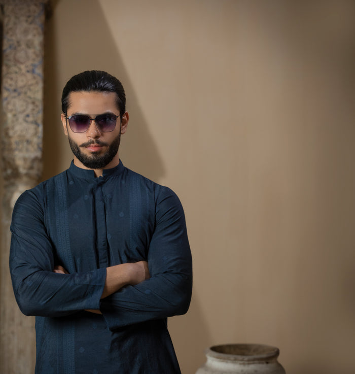 Arsalan Iqbal Teal Blue Textured Kurta Pyjama for Men