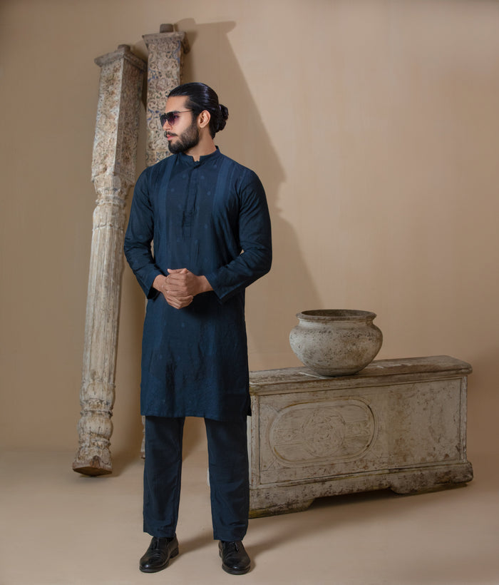 Arsalan Iqbal Teal Blue Textured Kurta Pyjama for Men