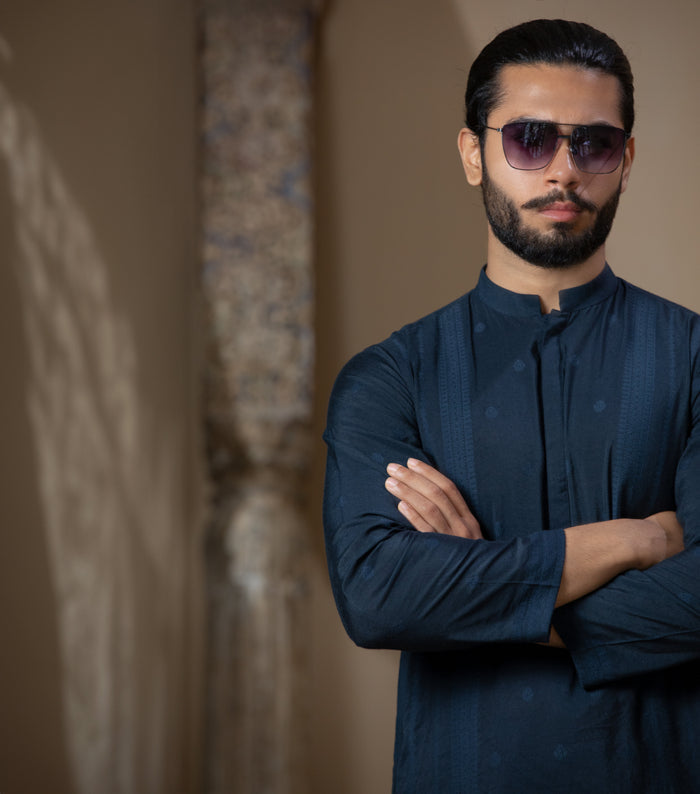 Arsalan Iqbal Teal Blue Textured Kurta Pyjama for Men