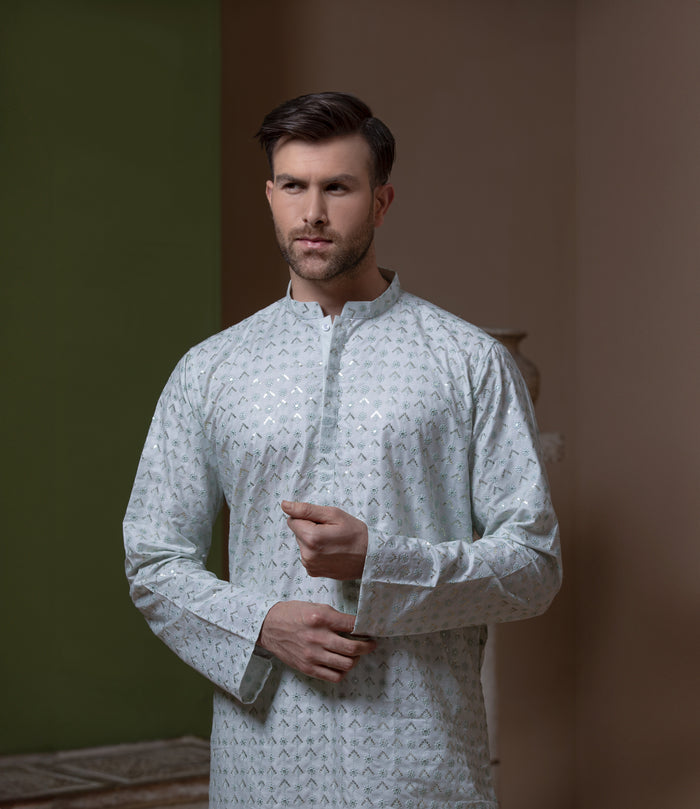 Sooch'2026 - Off-White & Mint Green Sequined Chikankari Kurta & Pyjama