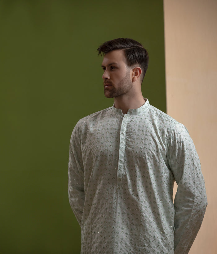 Sooch'2026 - Off-White & Mint Green Sequined Chikankari Kurta & Pyjama