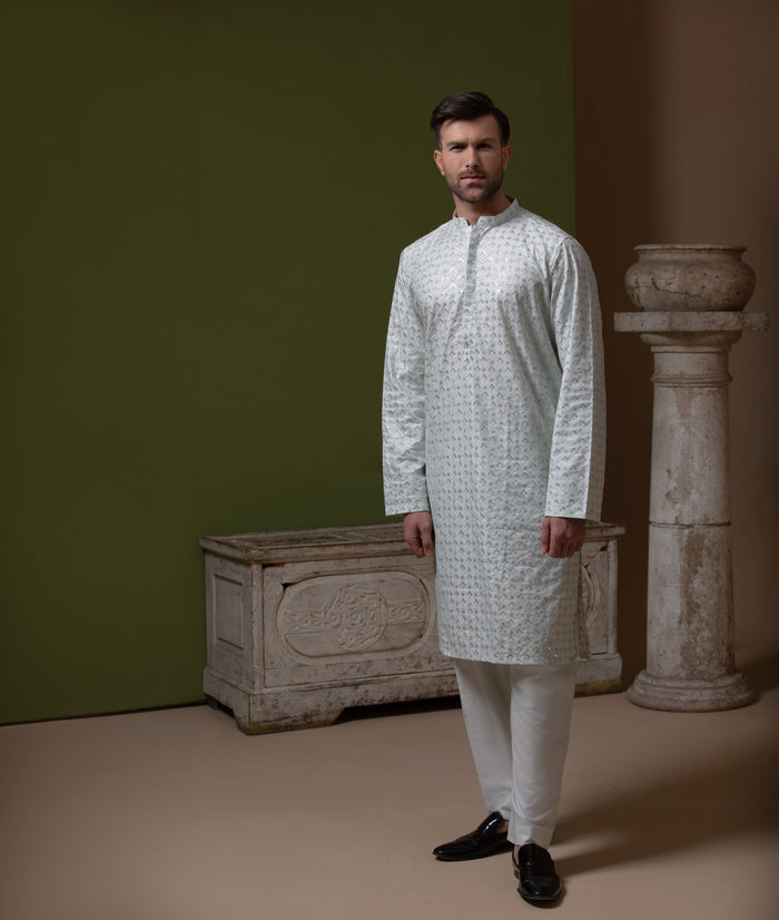 Sooch'2026 - Off-White & Mint Green Sequined Chikankari Kurta & Pyjama