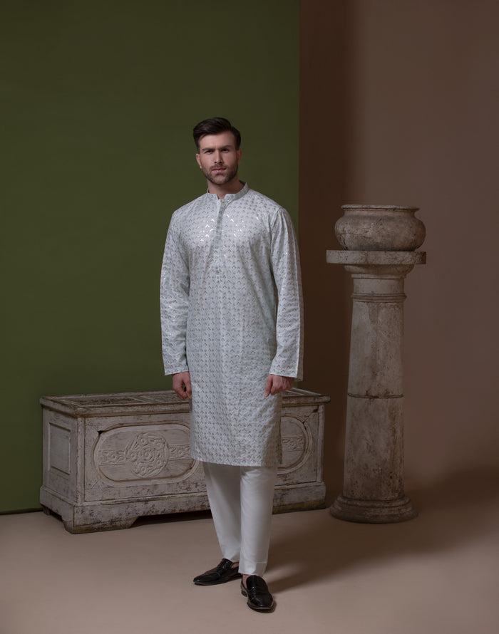 Sooch'2026 - Off-White & Mint Green Sequined Chikankari Kurta & Pyjama