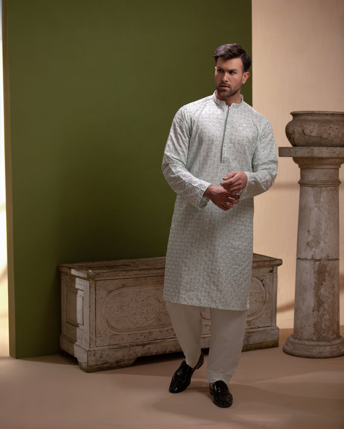 Sooch'2026 - Off-White & Mint Green Sequined Chikankari Kurta & Pyjama