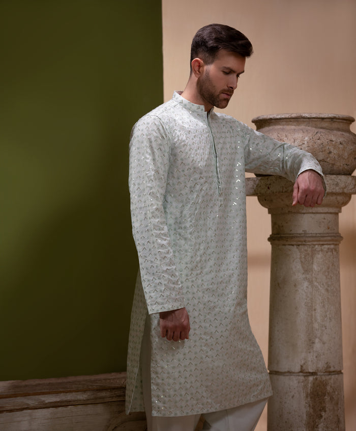 Sooch'2026 - Off-White & Mint Green Sequined Chikankari Kurta & Pyjama